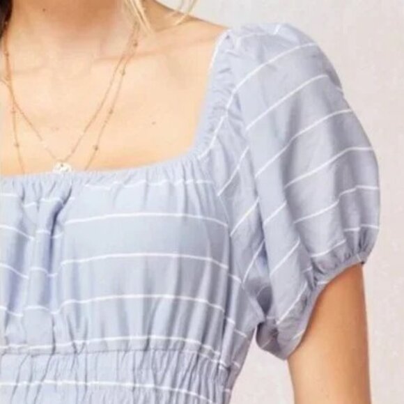 Entro Alissa Cropped Striped Jumpsuit Sky Blue White Smocked Puff Sleeve NWT - Picture 4 of 5